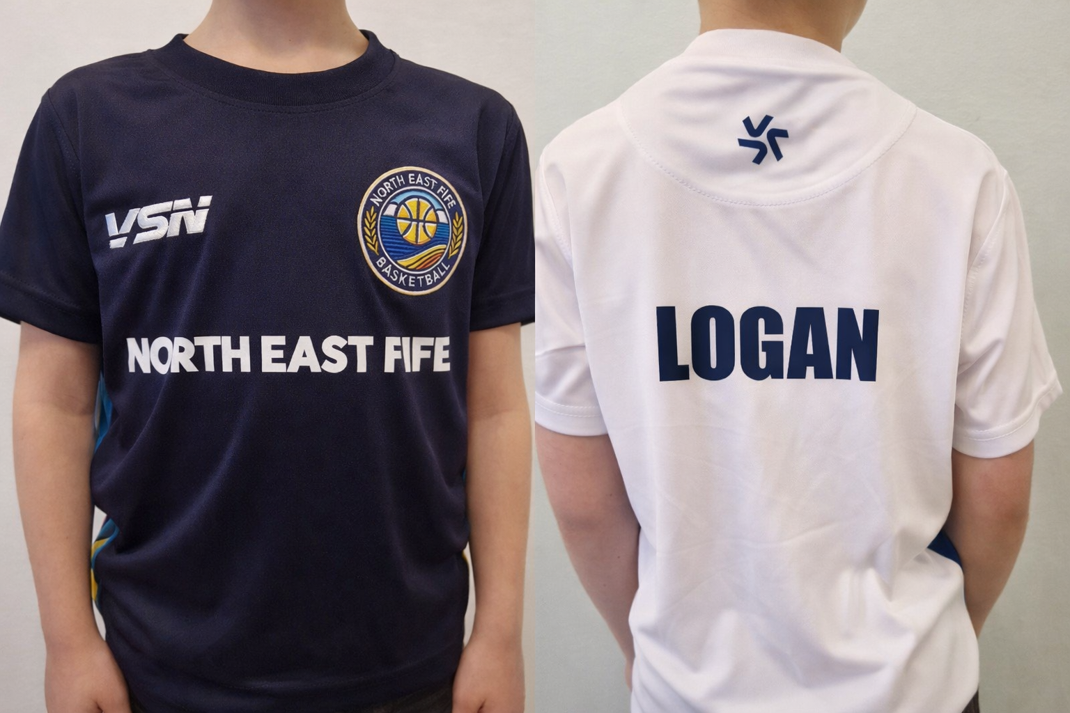 Young players wearing North East Fife Basketball club kit